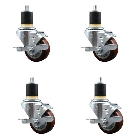 Service Caster 3'' Maroon Poly Swivel 1-7/8'' Expanding Stem Caster Set with Brake, 4PK SCC-EX20S314-PPUB-MRN-TLB-178-4